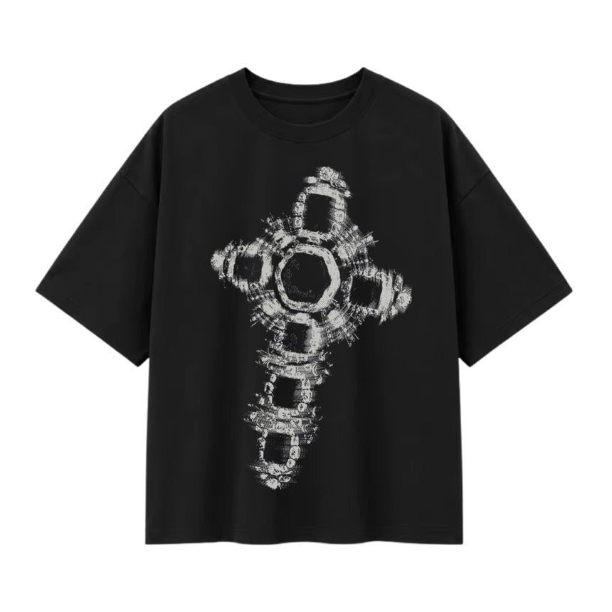 T-shirt oversize noir, croix ornée imprimée en argent