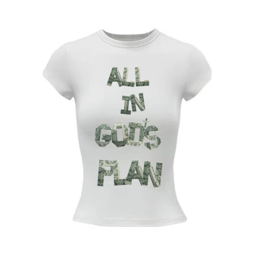 T-shirt blanc ajusté, lettrage All In God's Plan composé de billets