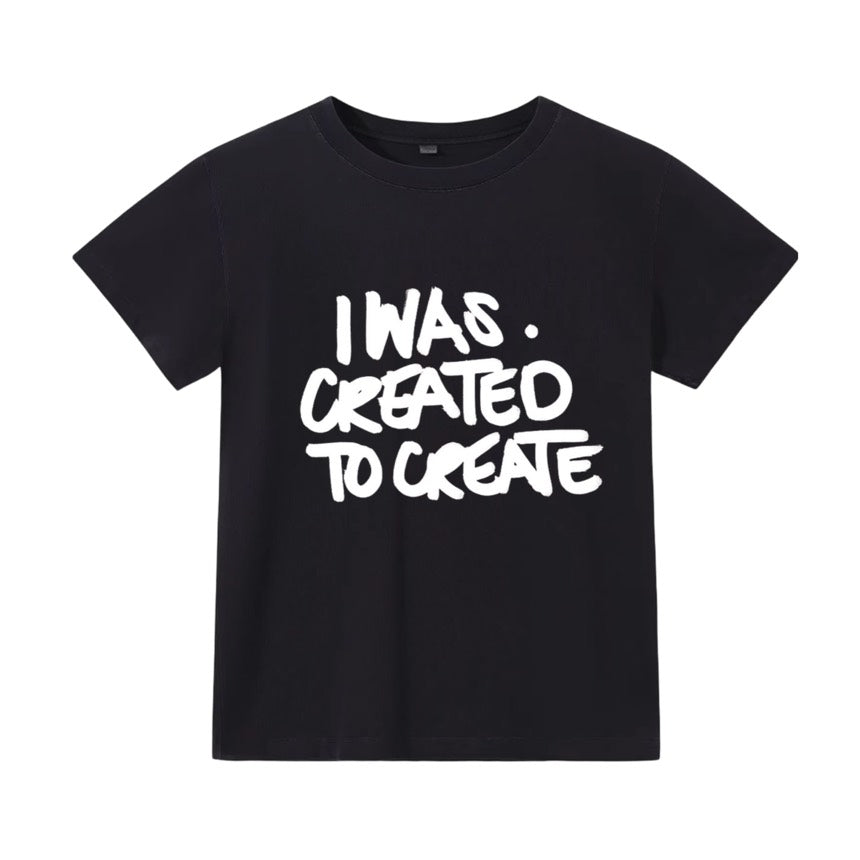 T-shirt coupe classique noire, lettrage blanc au marqueur I Was Created To Create