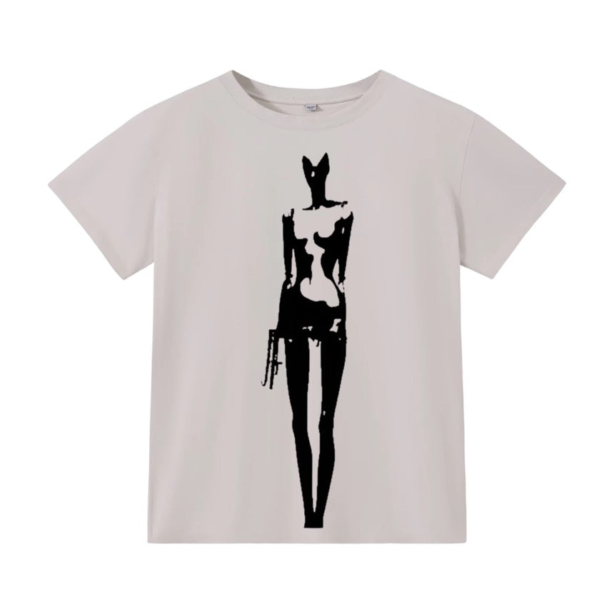 T-shirt coupe classique gris perle, silhouette féminine peinte en noir