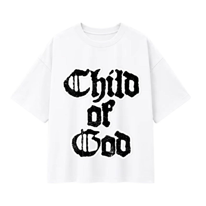 T-shirt oversize blanc, lettrage gothique noir Child of God