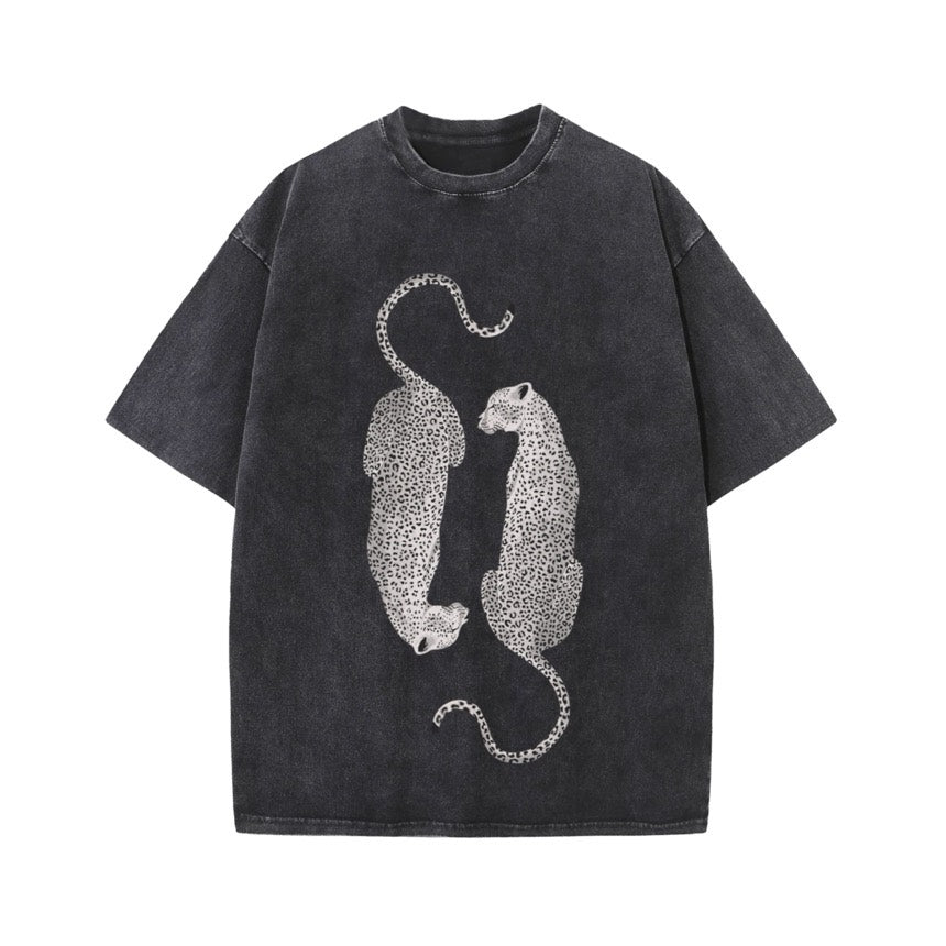 T-shirt oversize gris anthracite délavé, deux léopards se faisant face